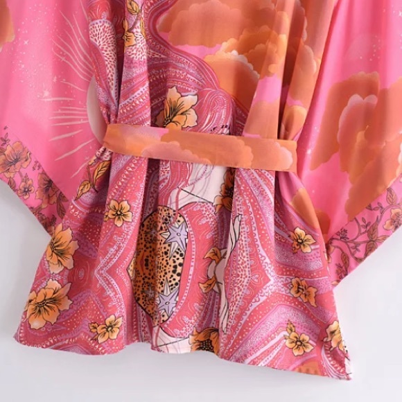 Fuchsia Pink Cosmic Galaxy Moon Boho Short Kimono Coverup Robe - Picture 3 of 10